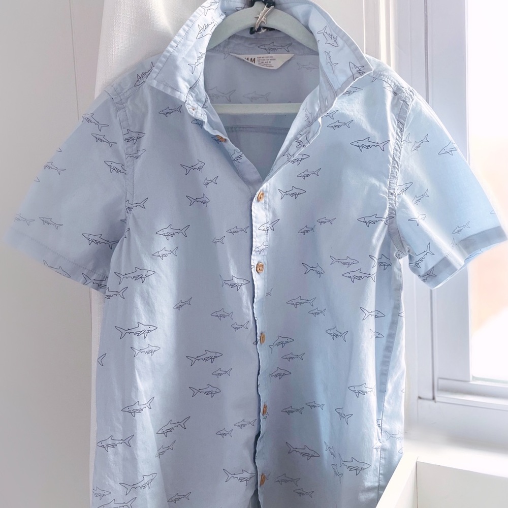 H&M Boys Baby Blue Nautical Shark Comfy Collared Shirt